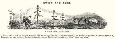 Punch cartoon: Swift and Sure - použití elektrické telegrafie při sledování zločinu (rytina) od English School