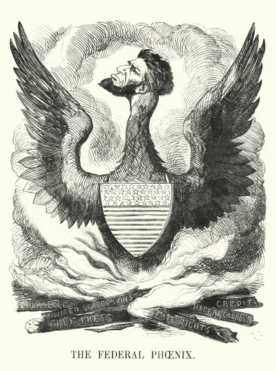Punch cartoon: The Federal Phoenix - Znovuzvolení Abrahama Lincolna v prezidentských volbách v USA v roce 1864 (rytina) od English School