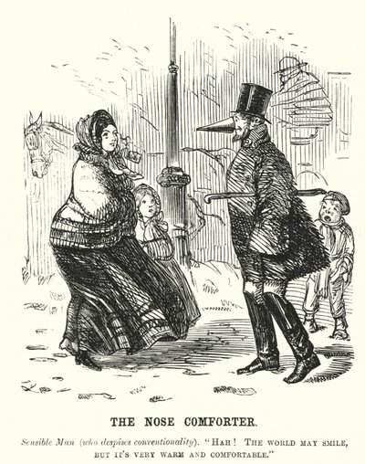 Punch cartoon: The Nose Comforter - muž chránící nos před chladem (rytina) od English School