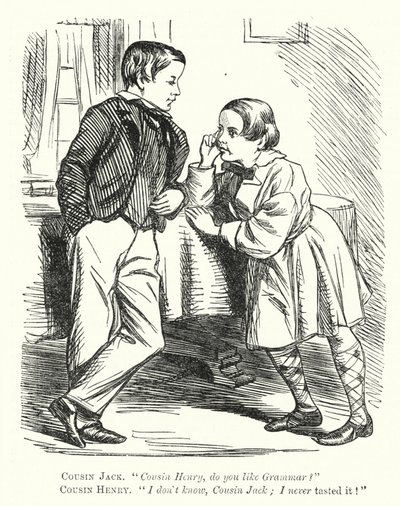 Punch cartoon: nedorozumění o gramatice (rytí) od English School