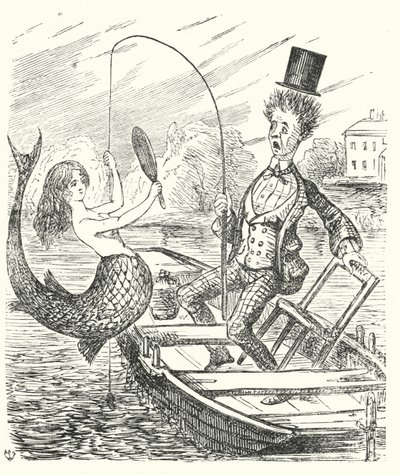 Punch cartoon: rybář chytající mořskou pannu (rytina) od English School