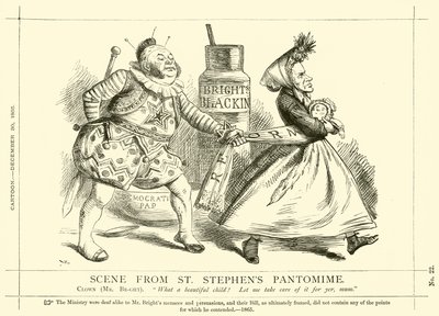 Punch karikatura týkající se Johna Brighta: Scéna z pantomimy svatého Štěpána, 30. prosince 1865 (rytina) od English School