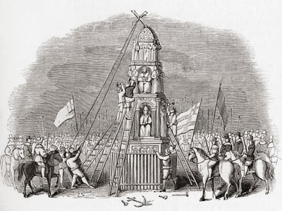 Puritáni ničí Cheapside Cross alias Eleanor Cross v Londýně v roce 1643, ze staré Anglie: z knihy Old England Museum, vyd. 1847 od English School