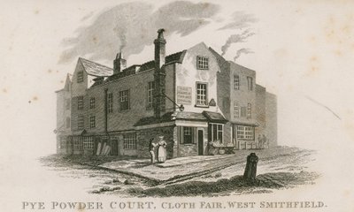 Pye Powder Court, veletrh látek, West Smithfield, konaný v hostinci Sign of the Hand and Shears od English School