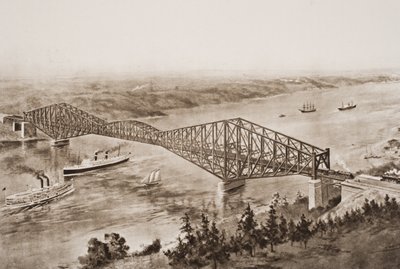 Quebecký most přes řeku svatého Vavřince, Kanada, ilustrace z „Nástin historie“ od H. G. Wellse, svazek II, vydané v roce 1920 od English School