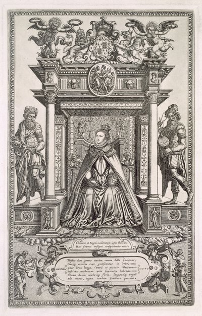 Královna Alžběta I. (1533-1603) jako patronka geografie a astronomie, Frontispis ke knize saských map Anglie, 1579 od English School
