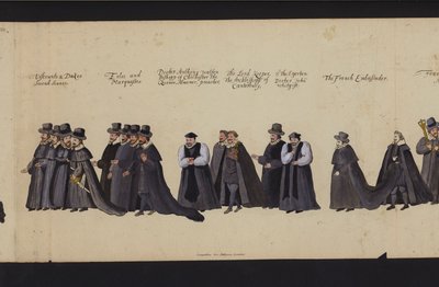 Pohřební průvod královny Alžběty I. (barevná rytina) od English School