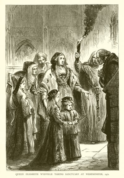 Královna Alžběta Wydville dobyla svatyni ve Westminsteru, 1471 od English School