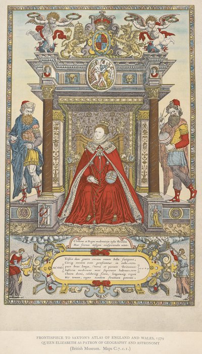 Královna Alžběta jako patronka geografie a astronomie. Frontispis k Saxtonovu atlasu Anglie Wales z roku 1579 (barevné lito) od English School