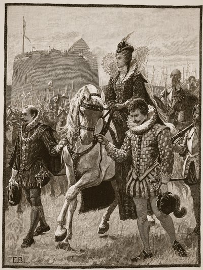 Královna Alžběta v Tilbury, ilustrace z Cassells Illustrated History of England (sépiová fotografie) od English School