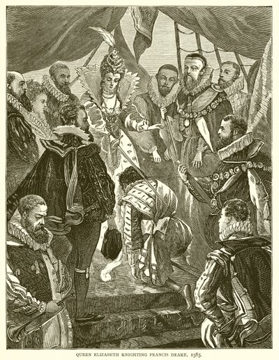 Královna Alžběta pasovaná na rytíře Francis Drake, 1585 od English School