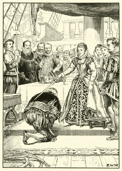 Královna Alžběta na palubě Golden Hind (inkoust na papíře) od English School
