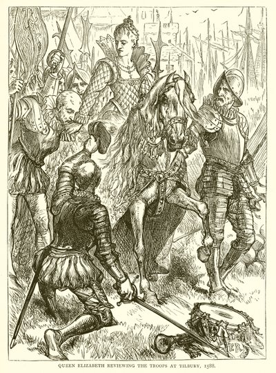Královna Alžběta přezkoumává vojska v Tilbury, 1588 od English School