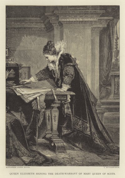 Královna Alžběta podepisuje rozsudek smrti Mary Queen of Scots od English School