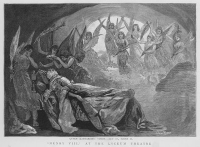 Vize královny Katherine, scéna z inscenace Shakespearova Jindřicha VIII. v divadle Lyceum v Londýně (litho) od English School