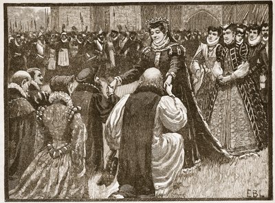 Královna Marie a státní vězni v Toweru, ilustrace z Cassells Illustrated History of England (sépiová fotografie) od English School