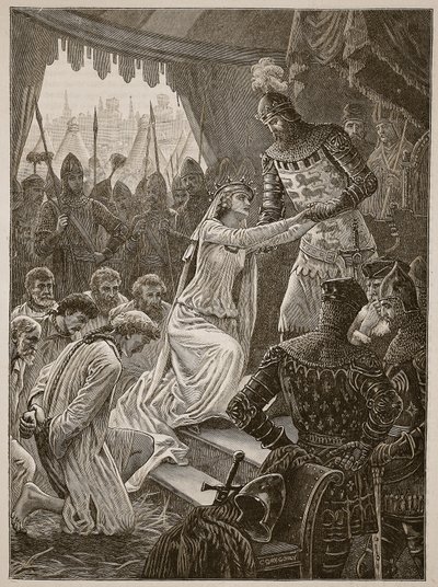 Královna Filippa se přimlouvá za měšťany z Calais, ilustrace z Cassells Illustrated History of England (sépiová fotografie) od English School