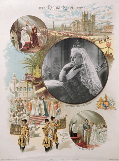Královna Viktorie (1819-1901) zobrazená v době jejího diamantového jubilea v roce 1897 spolu s některými hlavními událostmi v jejím životě, 1897 od English School