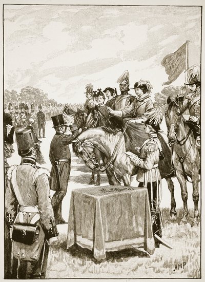 Královna Viktorie při prvním předávání Viktoriina kříže, ilustrace z Cassells Illustrated History of England (sépiová fotografie) od English School