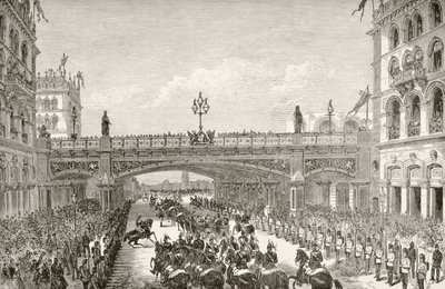 Královna viktoriánská otevření Holbornského viaduktu v roce 1869, z „Národních a domácích dějin Anglie“ od Williama Hickmana Smith Aubrey (1858-1916), publikováno v Londýně, kolem roku 1890 od English School