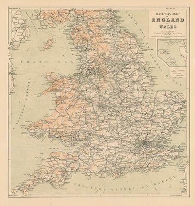 Železniční mapa Anglie a Walesu (litografie) od English School