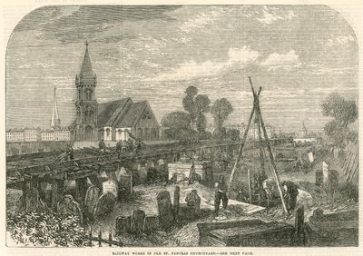 Železniční práce v Old St Pancras Churchyard, Londýn od English School
