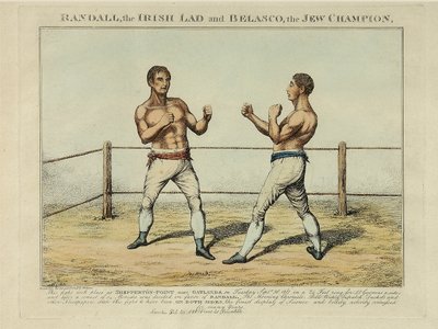 Randall, Irish Lad a Belasco, židovský šampion, vyryl Williams (kolorovaný lept) od English School