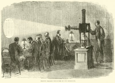 Odeslání čtecího balónku pod mikroskopem, říjen 1870 od English School