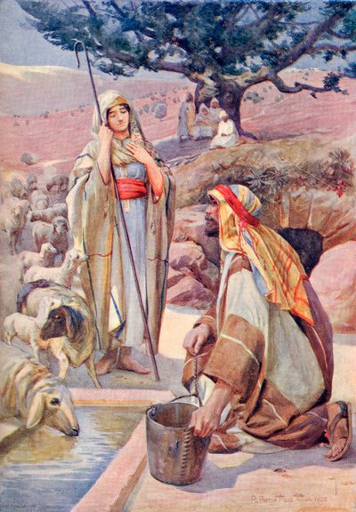 Rebeka u studny, z knihy "A Book of Modern Palestine" od Richarda Penlakea, vydáno kolem roku 1910 (tisk) od English School