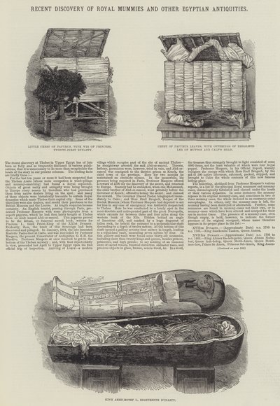 Nedávný objev královských mumií a dalších egyptských starožitností (rytina) od English School