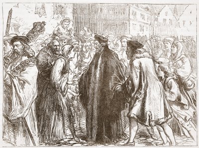 Recepce Jana Husa v Norimberku, ilustrace z Dějin protestantismu od Jamese Aitkena Wylie (1808-1890), hospoda. 1878 od English School