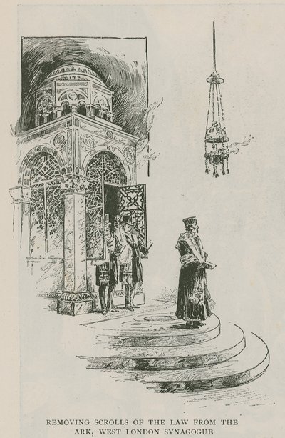 Odstranění svitků zákona z archy, synagoga v západním Londýně od English School