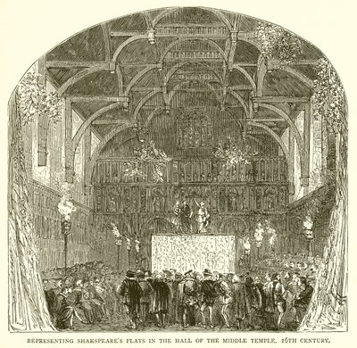 Představení Shakespearových her v sále středního chrámu, 16. století od English School