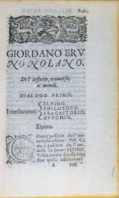 Res 28610 První strana De lInfinito Universo et Mondi od Giordana Bruna, vydaná v Londýně, 1584 (tištěný papír) od English School