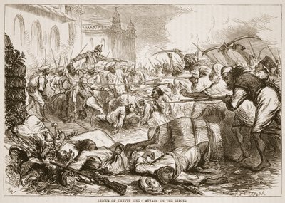 Rescue of Cheyte Sing: attack on the sepoys, ilustrace z Cassells Illustrated History of India od Jamese Granta, hospoda. 1879 od English School