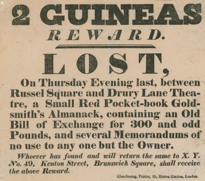 Oznámení o odměně nabízející 2 guinee za vrácení malé červené peněženky od English School