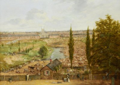 Rhobess Farm v roce 1844 (nyní Ampthill Square v Camdenu, Londýn); nese nápis „Vše, co zbylo v roce 1844 z kdysi slavné Rhobess Farm Hampstead Road nyní Ampthill Square“ (na štítku na zadní straně); olej na panelu; Rozměr 33 x 45,5 cm od English School