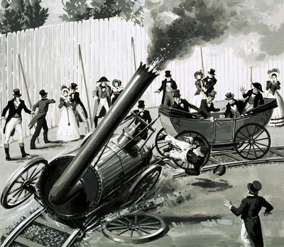 Richard Trevithick postavil v Londýně malou okružní železnici, aby lidem představil cestování po železnici (kvaš na papíře) od English School