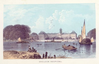 River Thames: Chelsea Hospital (barevná rytina) od English School