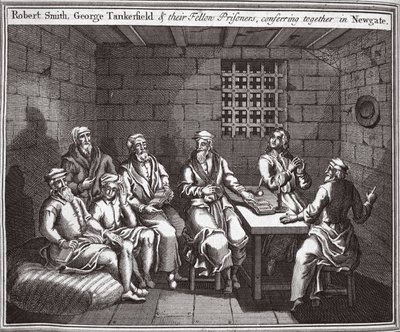 Robert Smith, George Tankerfield a jejich spoluvězni spolu hovoří v Newgate, ilustrace z Foxes Martyrs kolem roku 1703 od English School