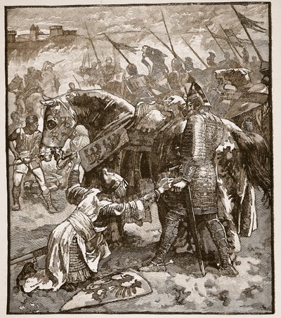 Robert žádá otce o milost, ilustrace z Cassells Illustrated History of England (sépiová fotografie) od English School