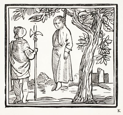 Robert se oběsil, ilustrace z Chap-books of the Eighteenth Century od Johna Ashtona, hospoda. 1882 od English School