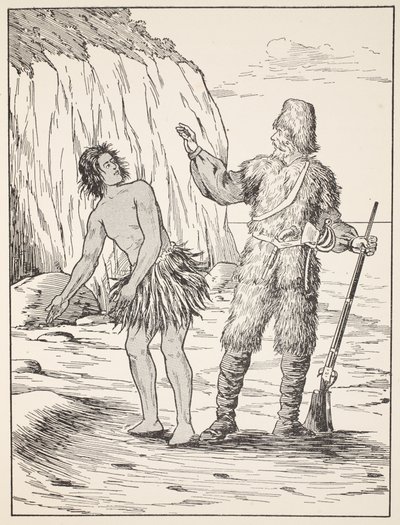 Robinson Crusoe a Friday, ilustrace z Příběhu Robinsona Crusoe: Adaptace pro děti v jazyce Defoes, hospoda. od Griffith Farran Browne & Co. Limited, Londýn od English School