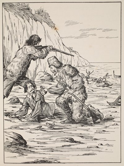 Robinson Crusoe a Pátek zachraňující Španěla, ilustrace z Příběhu Robinsona Crusoe: Adaptace pro děti v jazyce Defoes, hospoda. od Griffith Farran Browne & Co. Limited, Lo od English School