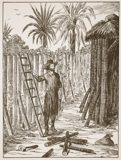 Robinson Crusoe staví svůj altán, ilustrace z Příběhu Robinsona Crusoe: Adaptace pro děti v jazyce Defoes, hospoda. od Griffith Farran Browne & Co. Limited, Londýn od English School