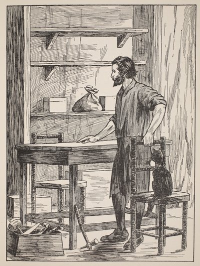 Robinson Crusoe stavební stůl a židle do své jeskyně, ilustrace z Příběhu Robinsona Crusoe: Adaptace pro děti v jazyce Defoes, hospoda. od Griffith Farran Browne & Co. Limit od English School