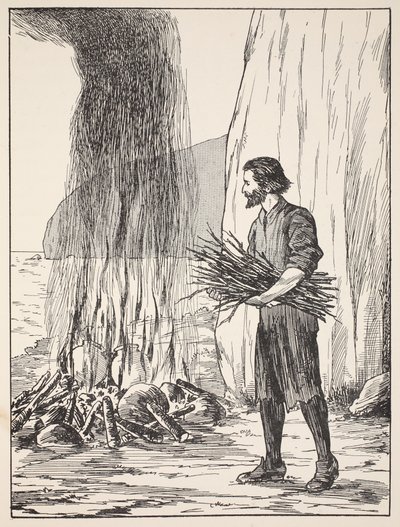 Vaření Robinsona Crusoe, ilustrace z Příběhu Robinsona Crusoe: Adaptace pro děti v jazyce Defoes, hospoda. od Griffith Farran Browne & Co. Limited, Londýn od English School