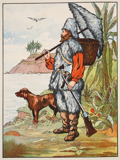 Robinson Crusoe, ilustrace z Příběhu Robinsona Crusoe: Adaptace pro děti v jazyce Defoes, hospoda. od Griffith Farran Browne & Co. Limited, Londýn od English School