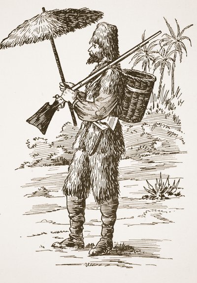 Robinson Crusoe, ilustrace z Příběhu Robinsona Crusoe: Adaptace pro děti v jazyce Defoes, hospoda. od Griffith Farran Browne & Co. Limited, Londýn od English School