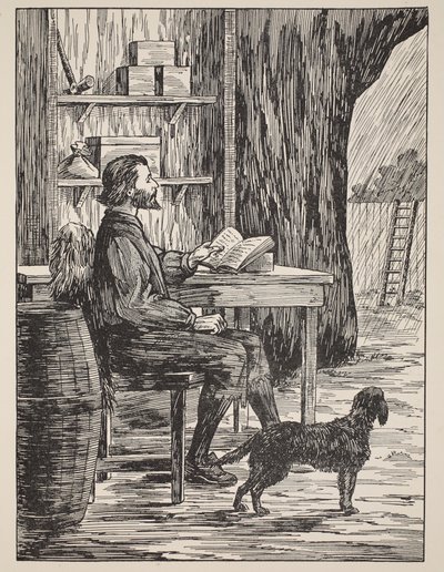 Robinson Crusoe ve své jeskyni, ilustrace z Příběhu Robinsona Crusoe: Adaptace pro děti v jazyce Defoes, hospoda. od Griffith Farran Browne & Co. Limited, Londýn od English School